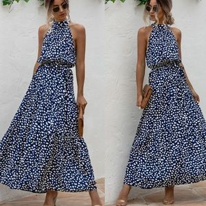 Navy Spot Halter Maxi Dress